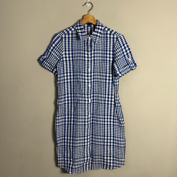 Theory Mayvine Dillon Plaid Linen Mini Shirt Dress Women 4 Blue White Preppy NWT - Picture 4 of 16